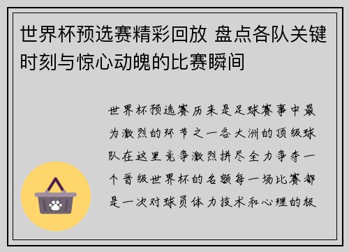 世界杯预选赛精彩回放 盘点各队关键时刻与惊心动魄的比赛瞬间